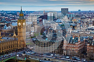 London, England - Aerial skyline view of the famous Big Ben with Houses of Parliament