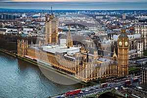 London, England - Aerial skyline view of the famous Big Ben with Houses of Parliament