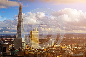 London, England - Aerial view of London`s highest skyscraper at sunset