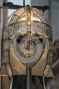 LONDON, ENGLAND - AUGUST 02, 2015: Ceremonial helmet from Sutton Hoo in the British Museum in London, England