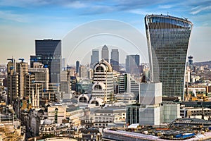London, England - Bank district and Canary Wharf skyscrapers