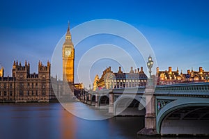 London, England - The beautiful Big Ben and Houses of Parliament at sunrise with clear blue sky