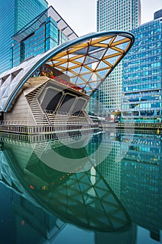 London, England - Crossrail Place and skyscrapers at Canary Wharf