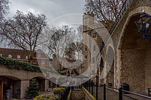 LONDON, ENGLAND, DECEMBER 10th, 2018: Interior of citadel. Gift Shops passage inside Tower of London