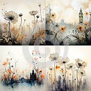 London England flower watercolor