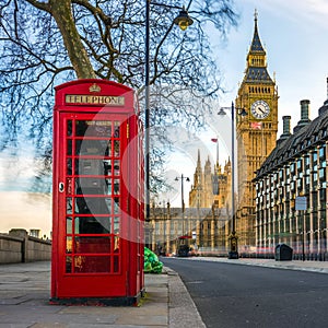 London, England - The iconic british old red telephone box with