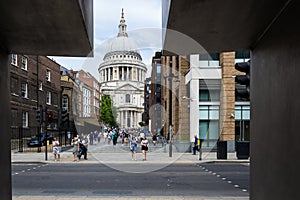 Architectural detail of The City of London with St Paul`s Cathedral in the background