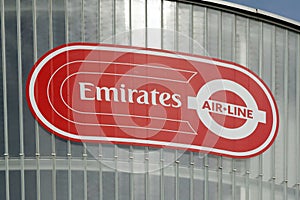Emirates Air Line cable cars sign, London, England