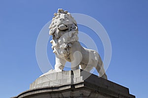 Lion Statue at the end of Westminster Bridge, Southbank, Westminster, London, England, July 15,