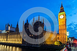 Night photo of Houses of Parliament with Big Ben from Westminster bridge, London, England, Great B