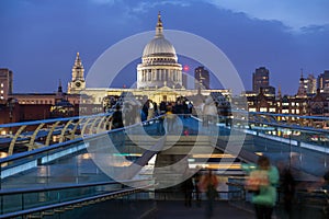 LONDON, ENGLAND - JUNE 17 2016: Night photo of Thames River, Millennium Bridge and St. Paul Cathedral, London