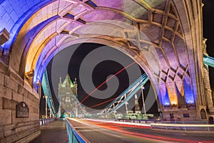 London, England - Night shot of the colorful Tower Bridge