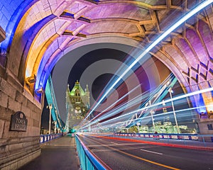 London, England - Night shot of the colorful Tower Bridge
