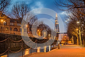 London, England - Ornamental canal at blue hour with beautiful Shard skyscraper