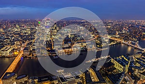 London, England - Panoramic aerial skyline of London by night