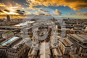 London, England - Panoramic aerial skyline view of London taken from the top of St.Paul`s Cathedral