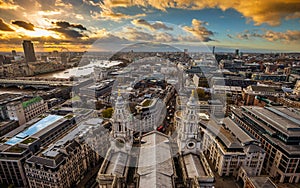 London, England - Panoramic aerial skyline view of London taken from the top of St.Paul`s Cathedral