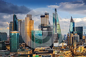 London, England - Panoramic skyline view of Bank and Canary Wharf, central London`s leading financial districts