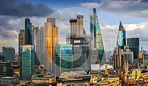 London, England - Panoramic skyline view of Bank and Canary Wharf, central London`s leading financial districts