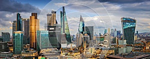 London, England - Panoramic skyline view of Bank and Canary Wharf, central London`s leading financial districts