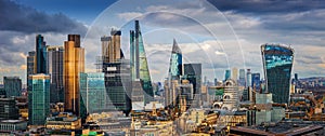 London, England - Panoramic skyline view of Bank and Canary Wharf, London`s leading financial districts