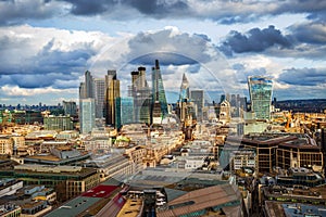 London, England - Panoramic skyline view of Bank and Canary Wharf, London`s leading financial districts