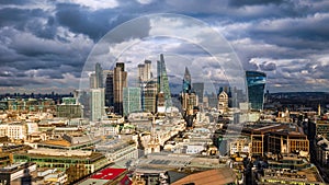 London, England - Panoramic skyline view of Bank and Canary WharLondon, England - Panoramic skyline view of Bank and Canary Wharf,