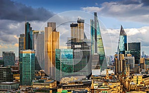 London, England - Panoramic skyline view of Bank, central London`s leading financial district with famous skyscrapers