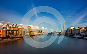 London, England - Panoramic skyline view of central London with skyscrapers of Bank district, River Thames