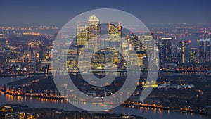 London, England - Panoramic skyline view of east London with the skyscrapers of Canary Wharf