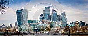 London, England - Panoramic view of Bank, London`s leading financial district with blue sky