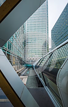 London, England - Public crossrail footbridge and the skyscrapers