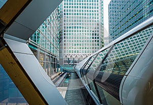 London, England - Public pedestrian cross rail footbridge at the financial district of Canary Wharf