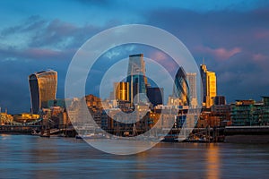 London, England - Skyscrapers of Bank, the leading financial district of London at golden hour