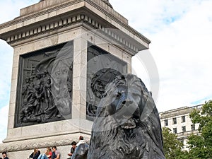 LONDON, ENGLAND, UK - SEPTEMBER 17, 2015: close up of the base of nelson`s column in trafalgar square, london