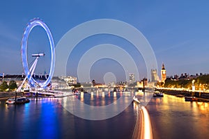 London Eye And Big Ben On The Banks Of Thames River At Twilight