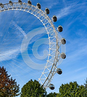 London eye, blue sky, green trees