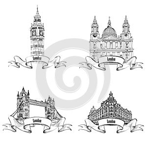 London famous buildings set. Hand drawing sketch collection of L