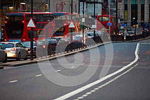 London financial district traffic at sunset