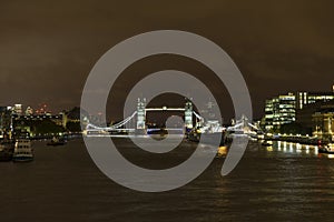 River Thames and Tower Bridge at night in London Great Britain