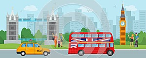 London Great Britain tourism travel concept and people tourists vector illustration. Landmarks and symbols of London