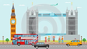 London Great Britain tourism travel concept and people tourists vector illustration. Landmarks and symbols of London