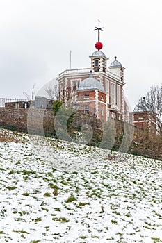 London Greenwich Observatory covered in snow in England