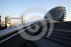 LONDON - JANUARY 31: London City Hall Building and Tower Bridge on January 31, 2011 in London, UK. The City hall building has an