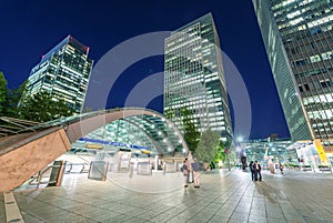 LONDON - JUNE 14, 2015: Lights of Canary Wharf buildings at nigh