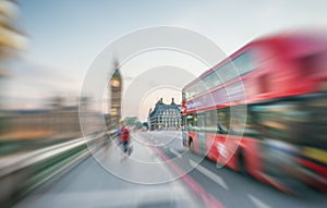 LONDON - JUNE 2015: Fast moving bus on Westminster Bridge with t