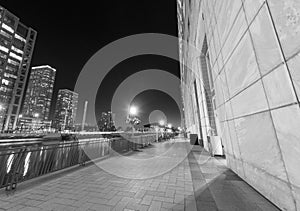 LONDON - JUNE 2015: Skyline of Canary Wharf skyscrapers at night