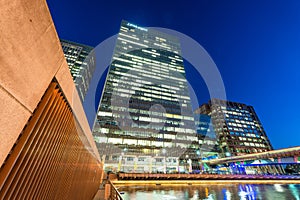 LONDON - JUNE 29, 2015: Buildings of Canary Wharf at night. Canary Wharf is London business district