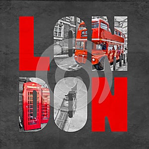 London letters with images on textured black background