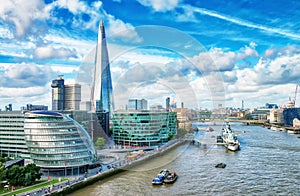 London modern skyline along river Thames on a beautiful sunny da
